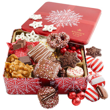 Bonnie and Pops Holiday Tin- with Assorted Christmas Chocolate  Cookies  Pretzels - Festive  Corporate  Family  Gift Basket Idea for Men and Women (Extra Large)