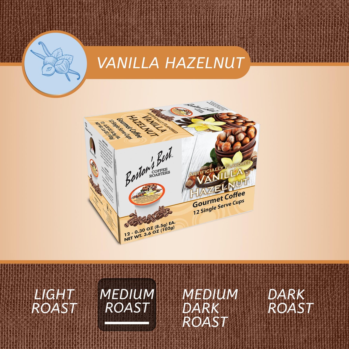 Bostons Best Vanilla Hazelnut Medium Roast Gourmet Coffee Compatible with Keurig, 12 Single Serve Cups, Model 017809009349