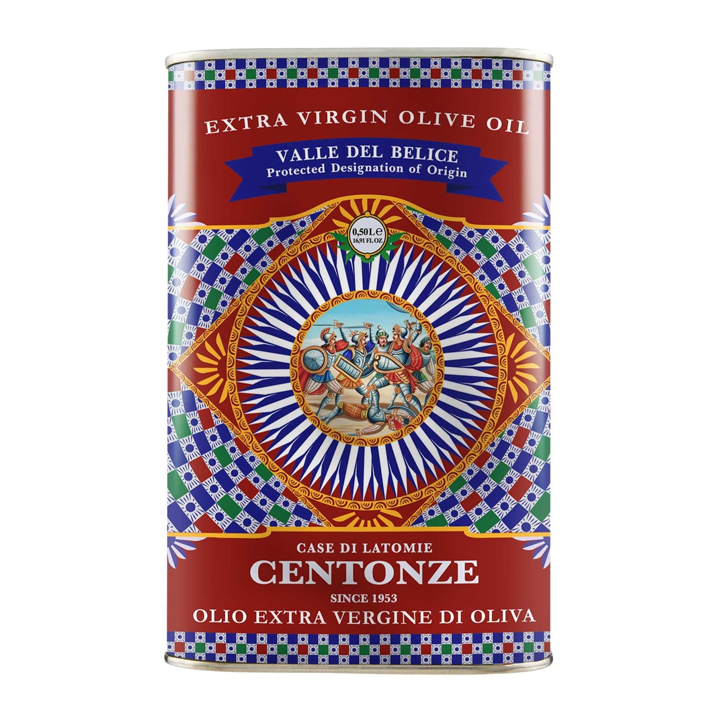 Centonze Extra Virgin Olive Oil, Iconic Tin, 500ml / 16.9oz, Dark, D.O.P. Valle del Belice