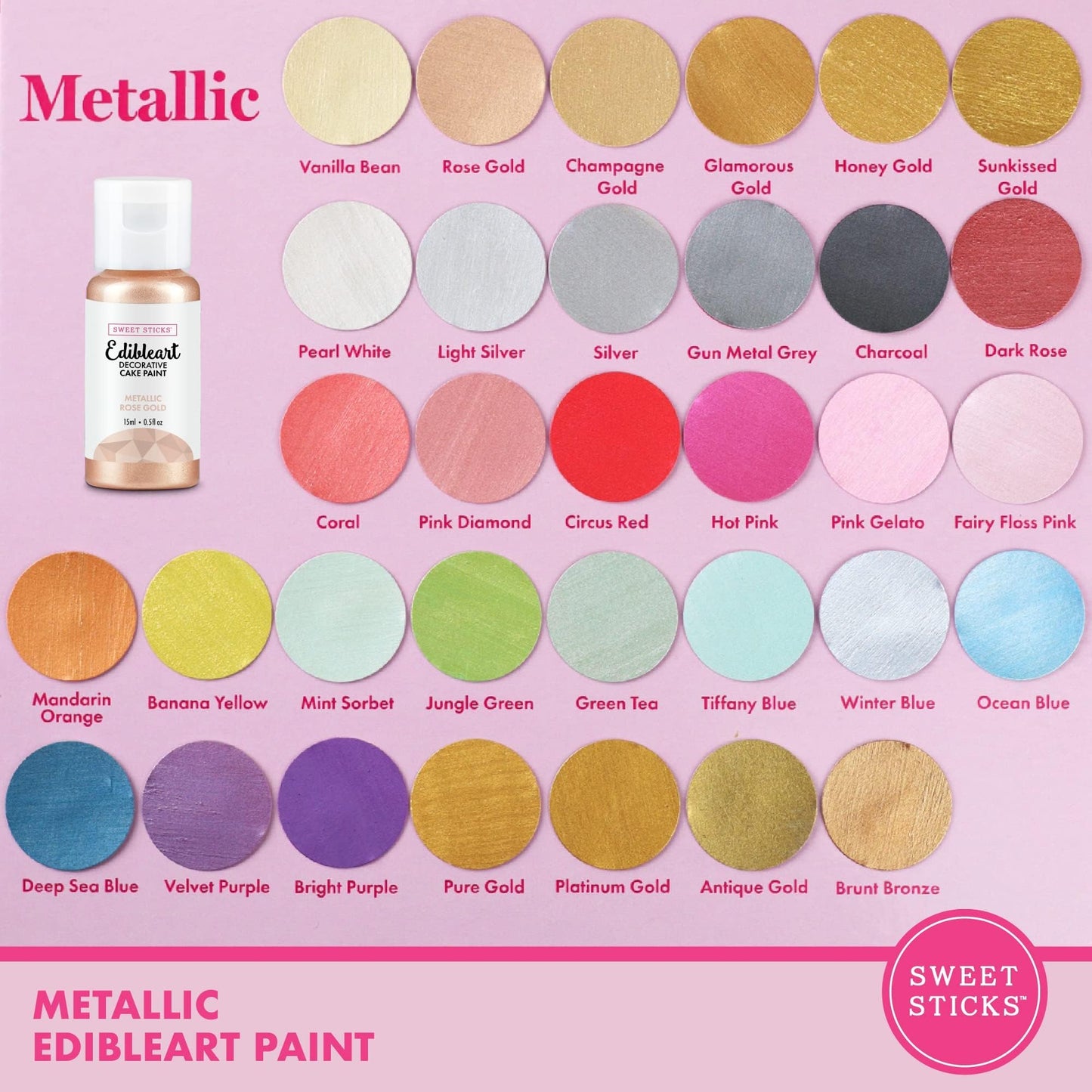 SWEET STICKS Edible Cake Paint Set, Metallic Rose Gold, 0.5 Fl Oz, 6 Pack