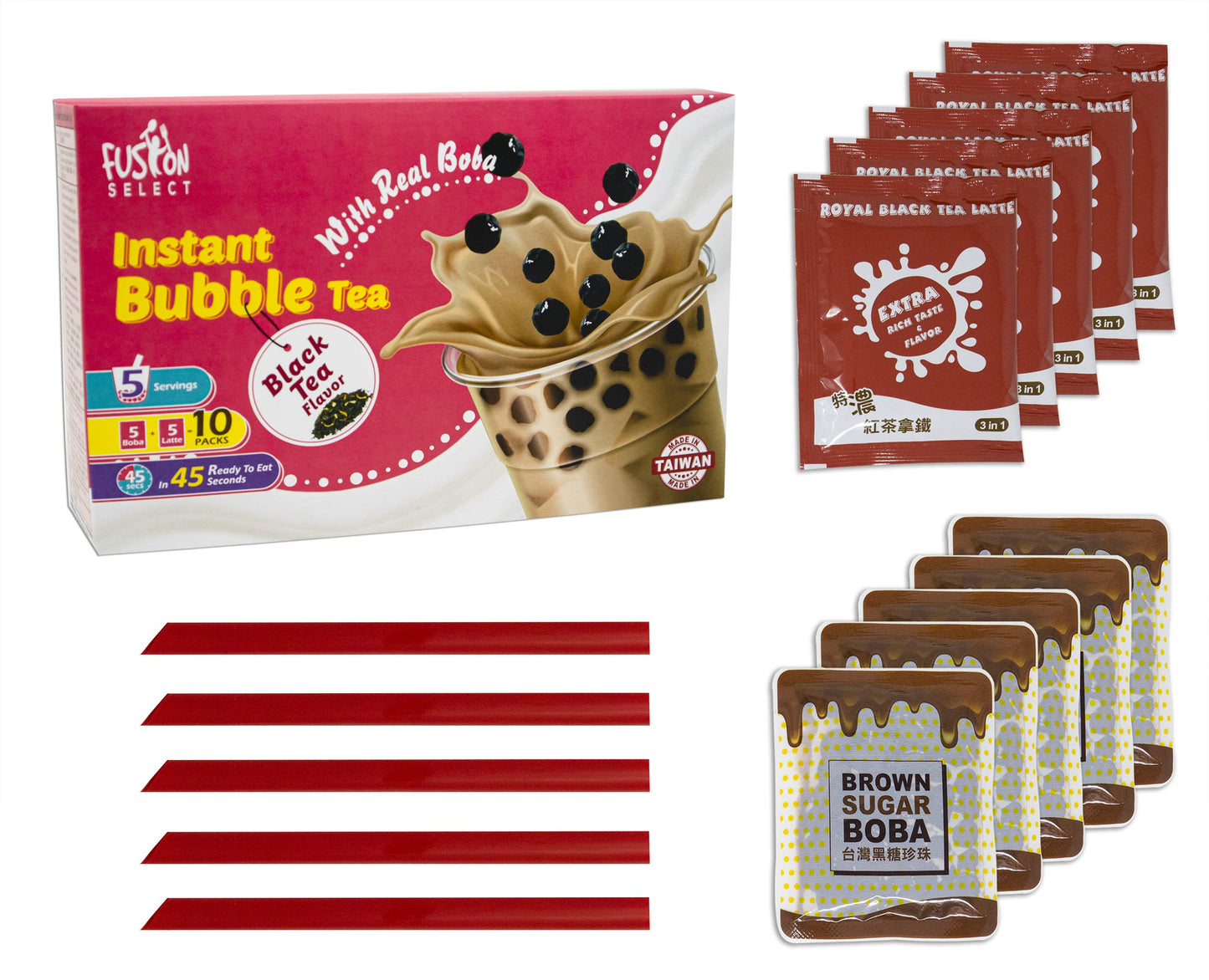 Fusion Select Authentic Brown Sugar Bubble Tea Kit Extra Rich (5 Packs) Bubble Tea Drink, Boba Tapioca Pearl, Straws, Most Popul