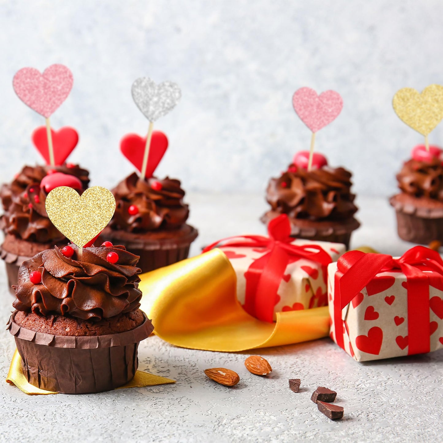 Gyufise Heart Cupcake Toppers, 30Pcs Glitter Picks for Valentines Day, Gold Pink Silver, Paper, Model ZN0555-MU1