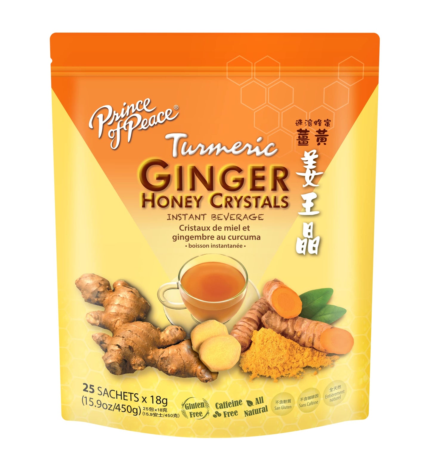 Prince Of Peace Ginger Honey Crystals with Turmeric, 25 Sachets, Caffeine Free, 15.87 Ounce, Easy to Brew Hot or Cold Beverage