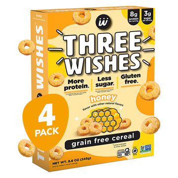 Plant-Based and Vegan Breakfast Cereal by Three Wishes - Honey, 4 Pack - More Protein and Less Sugar Snack - Gluten-Free, Grain-