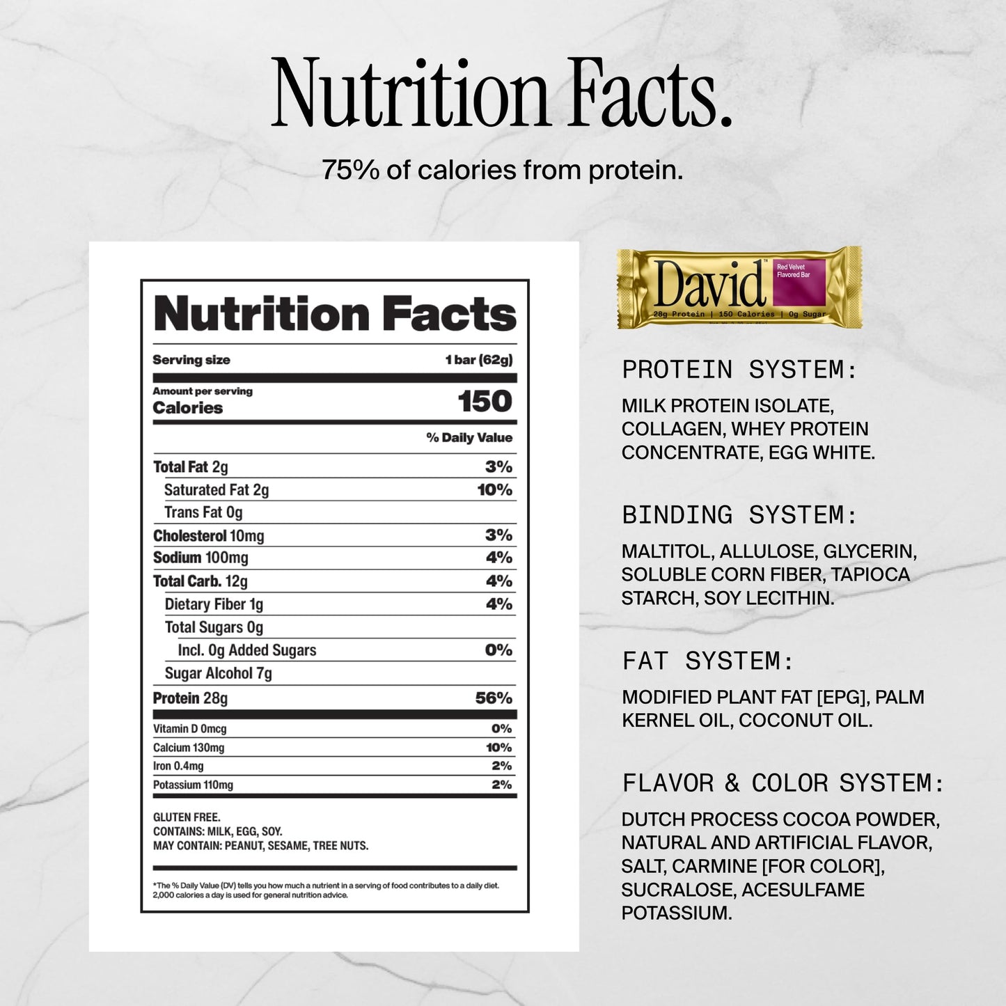 David Protein Bar  Red Velvet  24 Protein Bars | 28g of Protein | 150 Calories | 0g of Sugar - High Protein  Low Carb  Gluten Free Protein Bar  Pack of 24