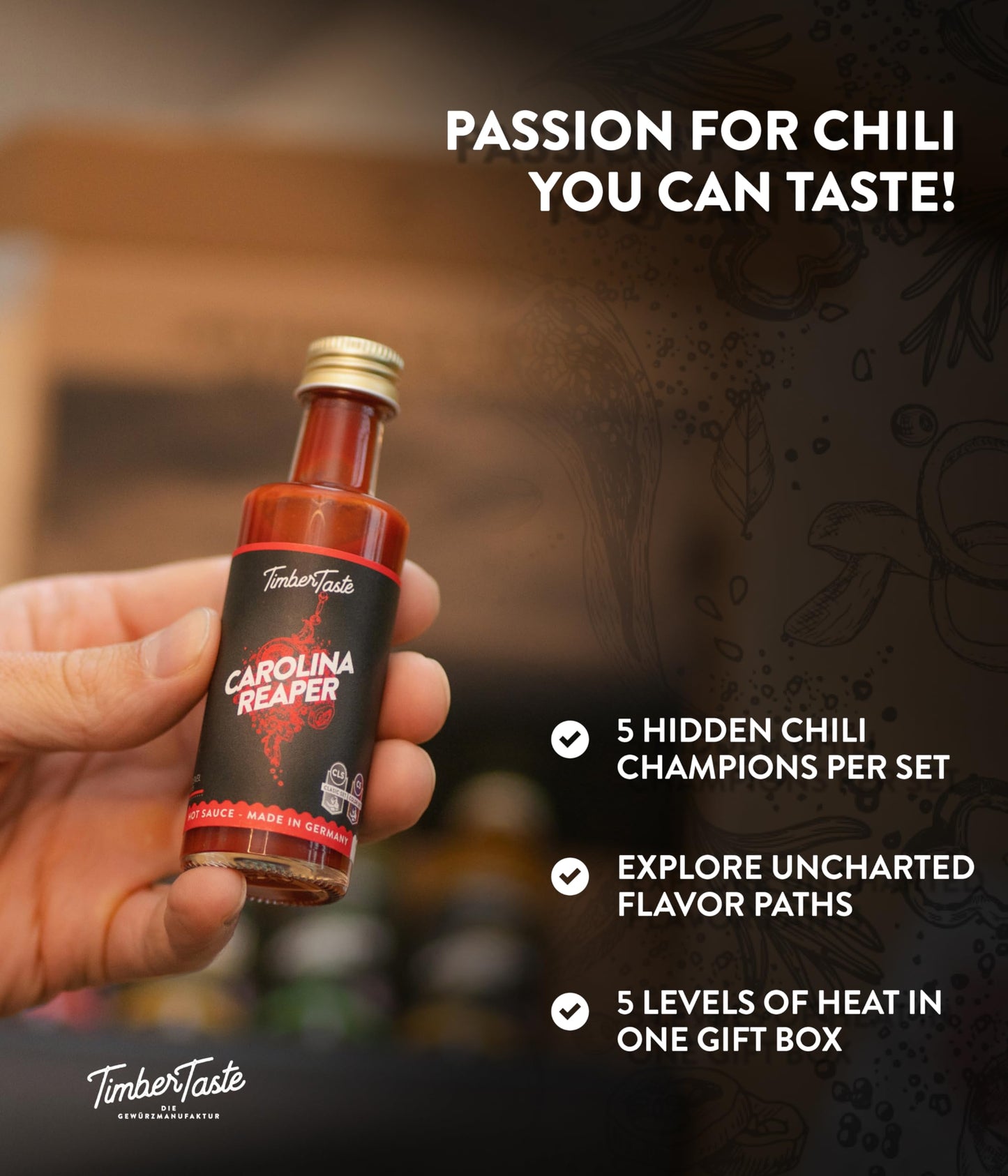 Timber Taste Color Hot Sauce Gift Set [5X1.35 Oz] Hot Sauce Variety Pack - Spicy Condiment Set For Heat Lovers In Mini Bottles -