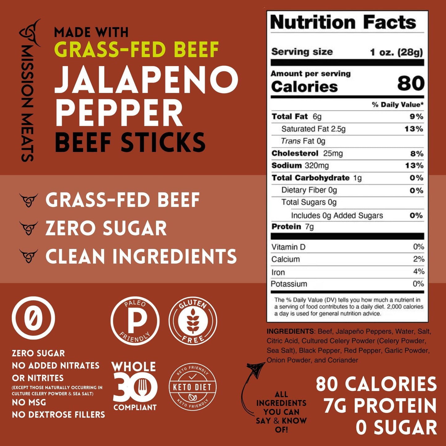 Mission Meats Beef Snack Sticks, Keto, Sugar Free, Grass-Fed, Non-GMO, Gluten Free, Jalapeno, 1 Ounce (72 Pack)
