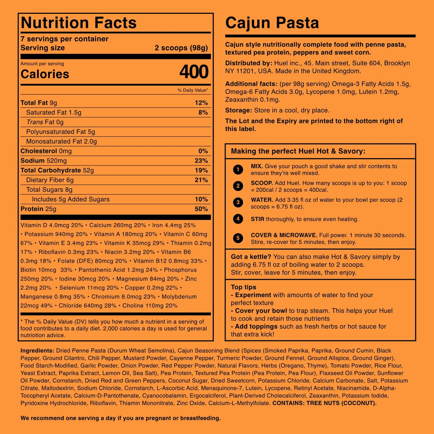 Huel Instant Meal Replacement - Cajun Pasta, 24.19 oz, 100% Nutritionally Complete, 25g Protein, 6g Fiber, 27 Vitamins & Minerals
