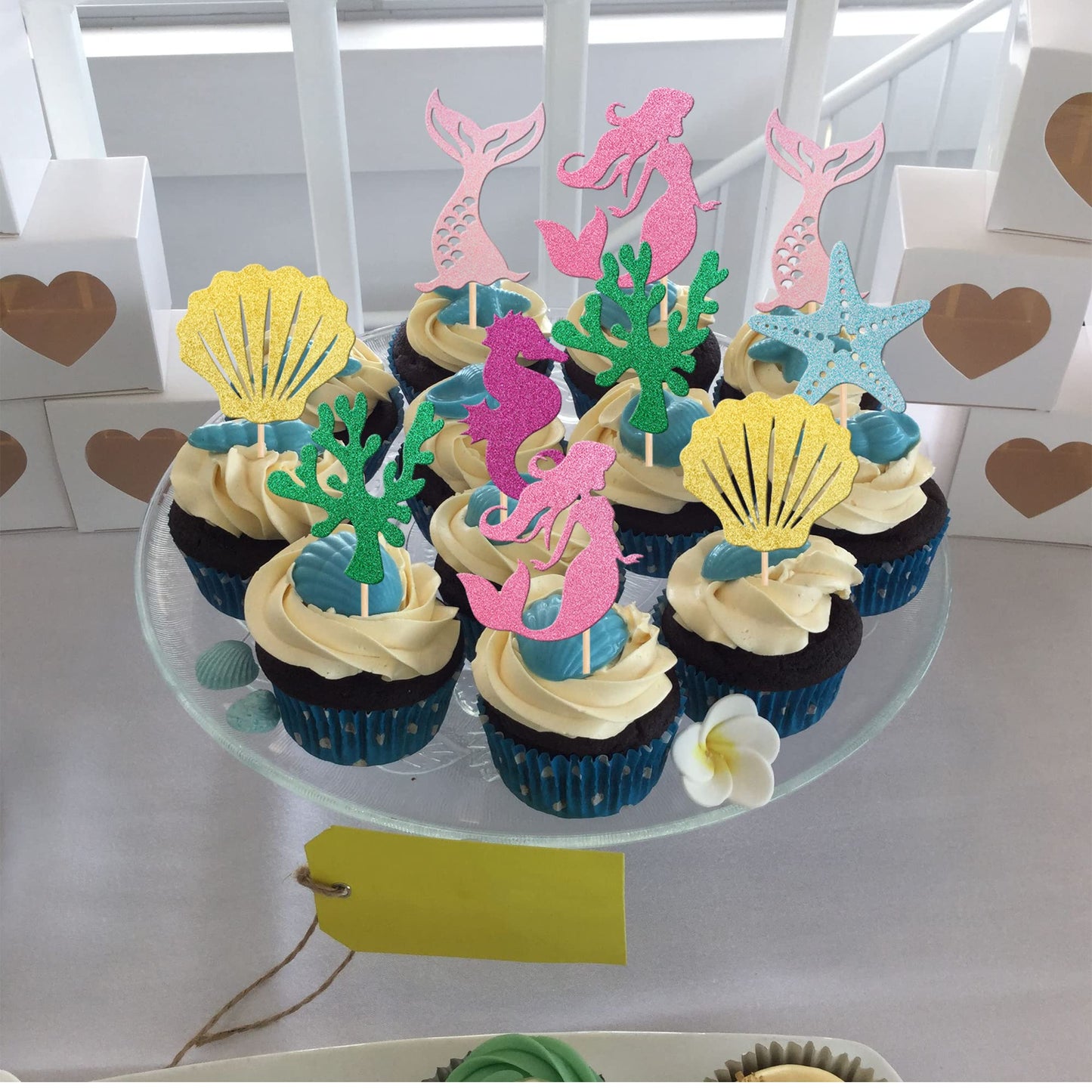 24 Pcs Glitter Mermaid Cupcake Toppers With Seahorse Shell Mermaid Tail Star Seaweed Baby Shower Cupcake Picks For Under The Sea