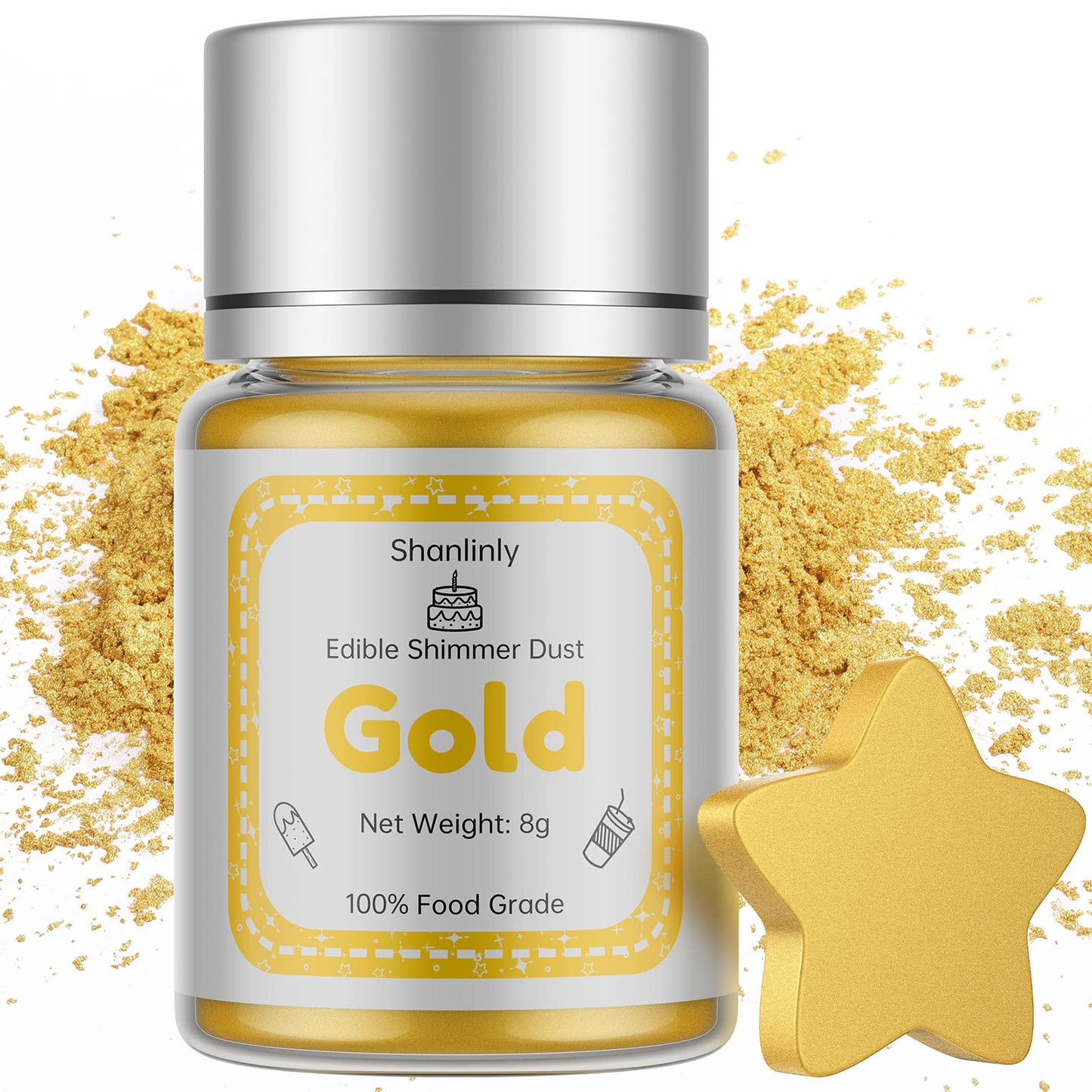 Shanlinly Edible Gold Luster Dust - Super Gold, 0.28 Ounce, Food Grade Shimmer Powder for Cakes, Desserts, and Chocolates