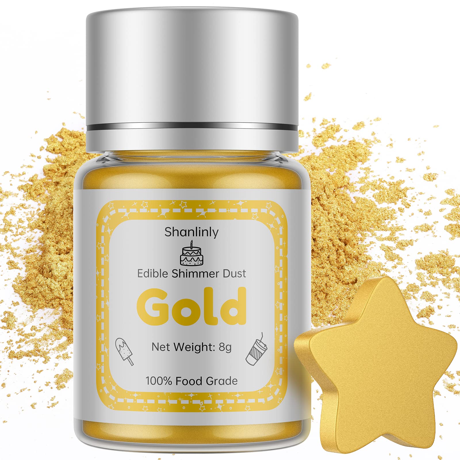 Shanlinly Edible Gold Luster Dust - Super Gold, 0.28 Ounce, Food Grade Shimmer Powder for Cakes, Desserts, and Chocolates