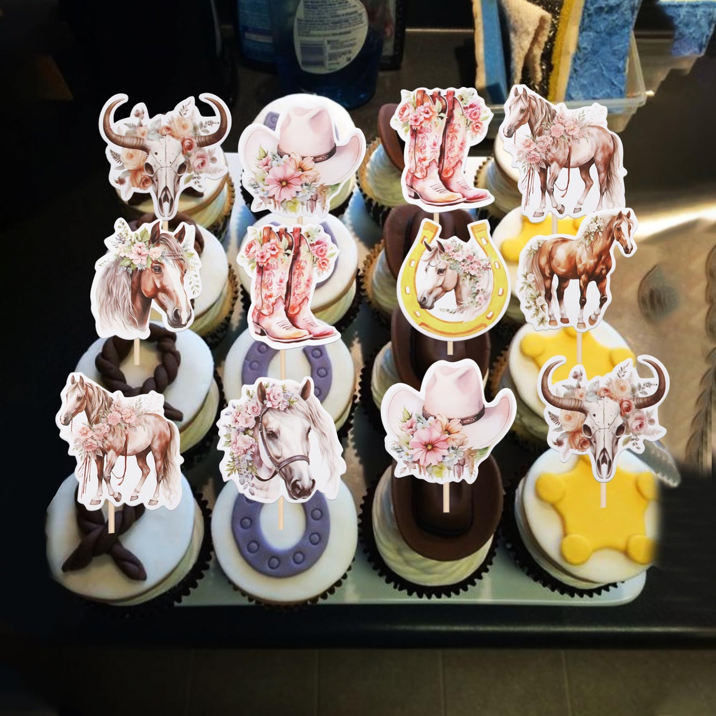 40 Pcs Horse Cupcake Toppers Floral Horse Western Cowgirl Cupcake Picks Horseshoe Hat Boots Cowgirl Birthday Cake Decorations Fo