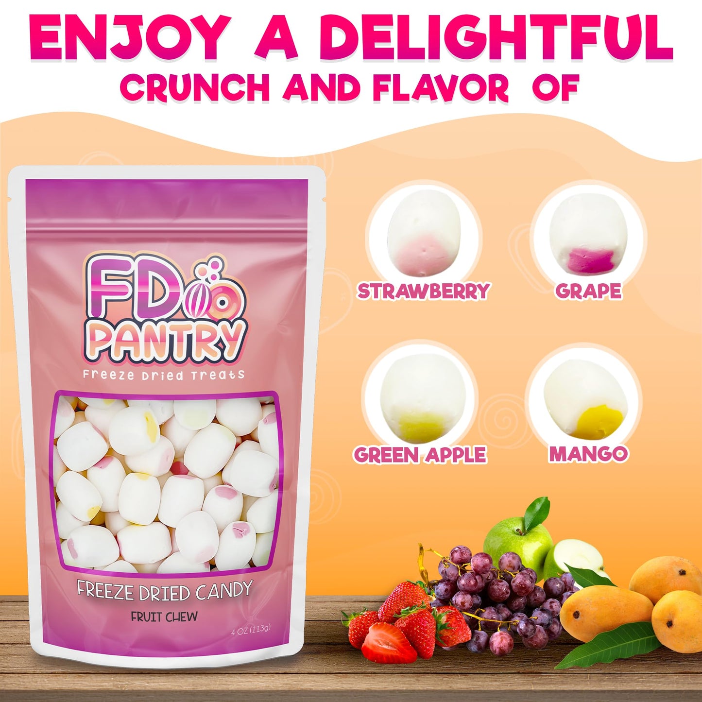 Freeze Dried Fruit Chews Crunchy Candy - 4 Oz Bag (Fruit Chews) - Strawberry, Green Apple, Mango, & Grape Treat Gift Snack Bag V