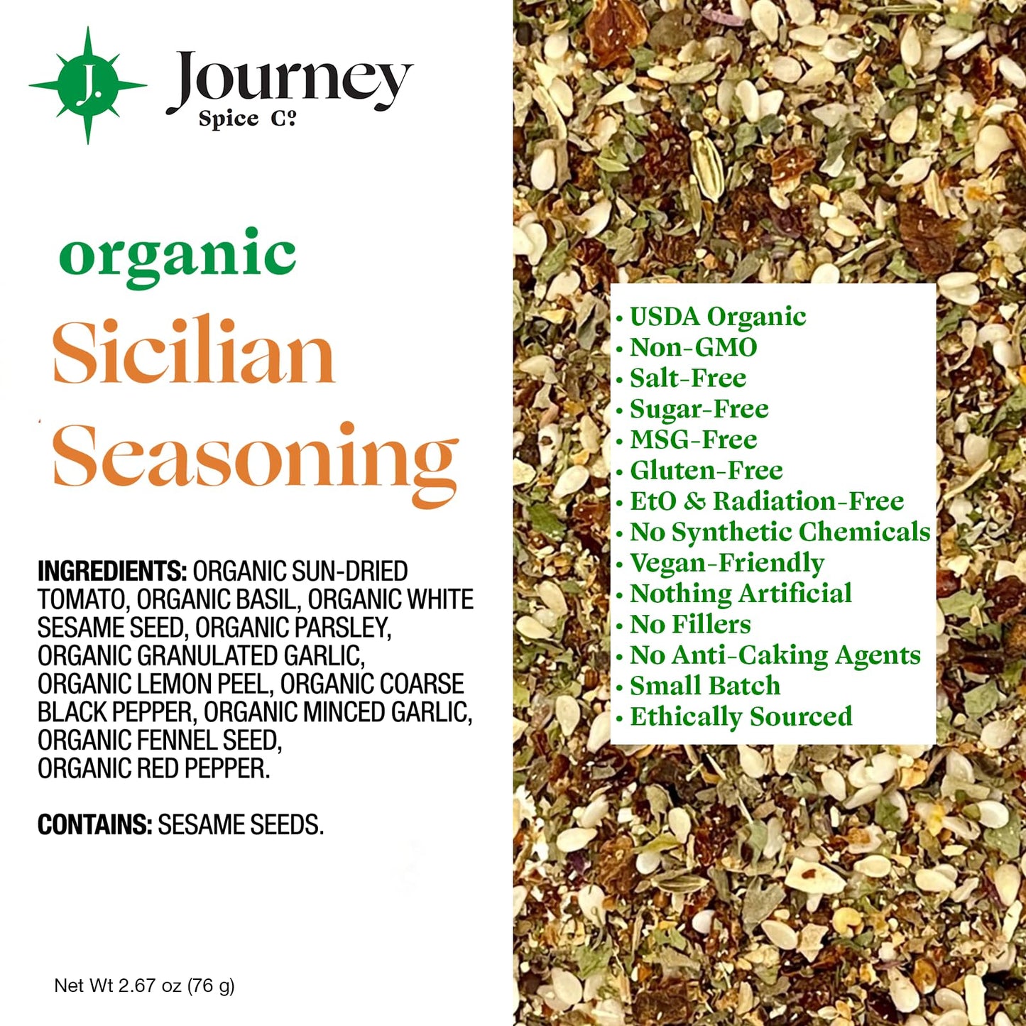 Organic Sicilian Seasoning By Journey Spice Co. | Salt-Free, Sugar-Free, Non-Gmo | Natural Mediterranean Italian Spice Herb Blen