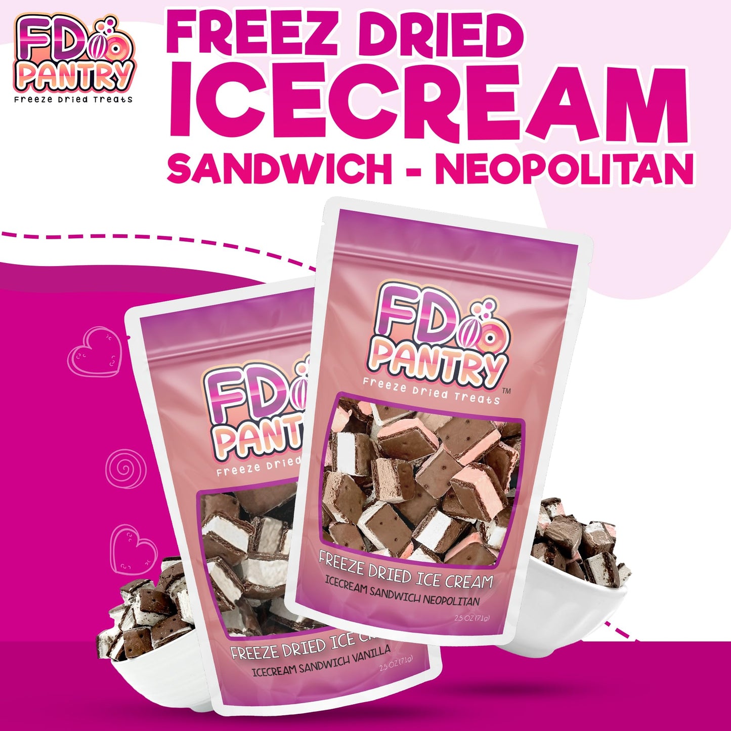 Freeze Dried Icecream Sandwich Bites, Neapolitan & Vanilla 2.5oz (2 pack) - Crunchy & Sweet Freeze Dried Dessert Snack, Dehydrat