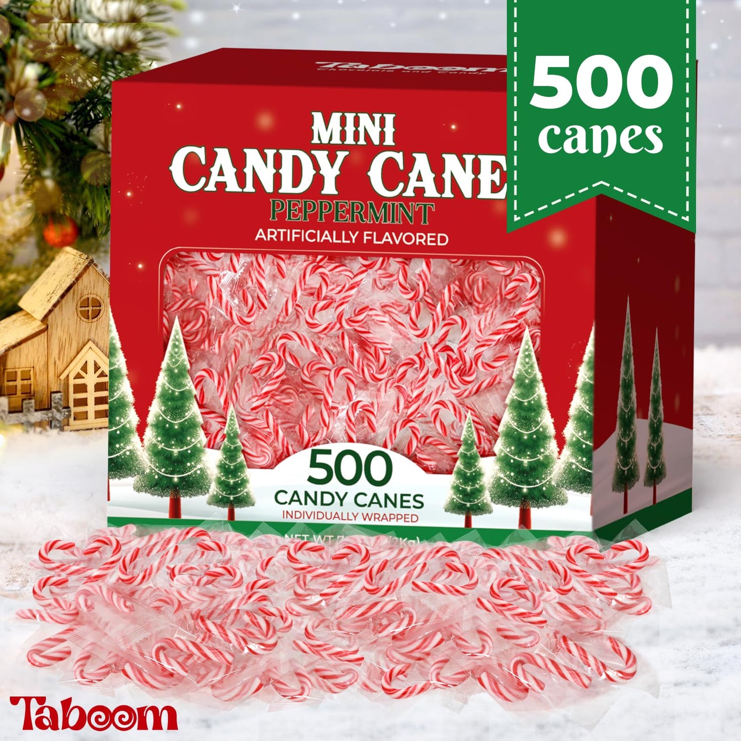 Taboom Bulk Mini Candy Canes - Individually Wrapped Peppermint Candy - 500 Count - Red & White - Holiday Gifts & Party Favors
