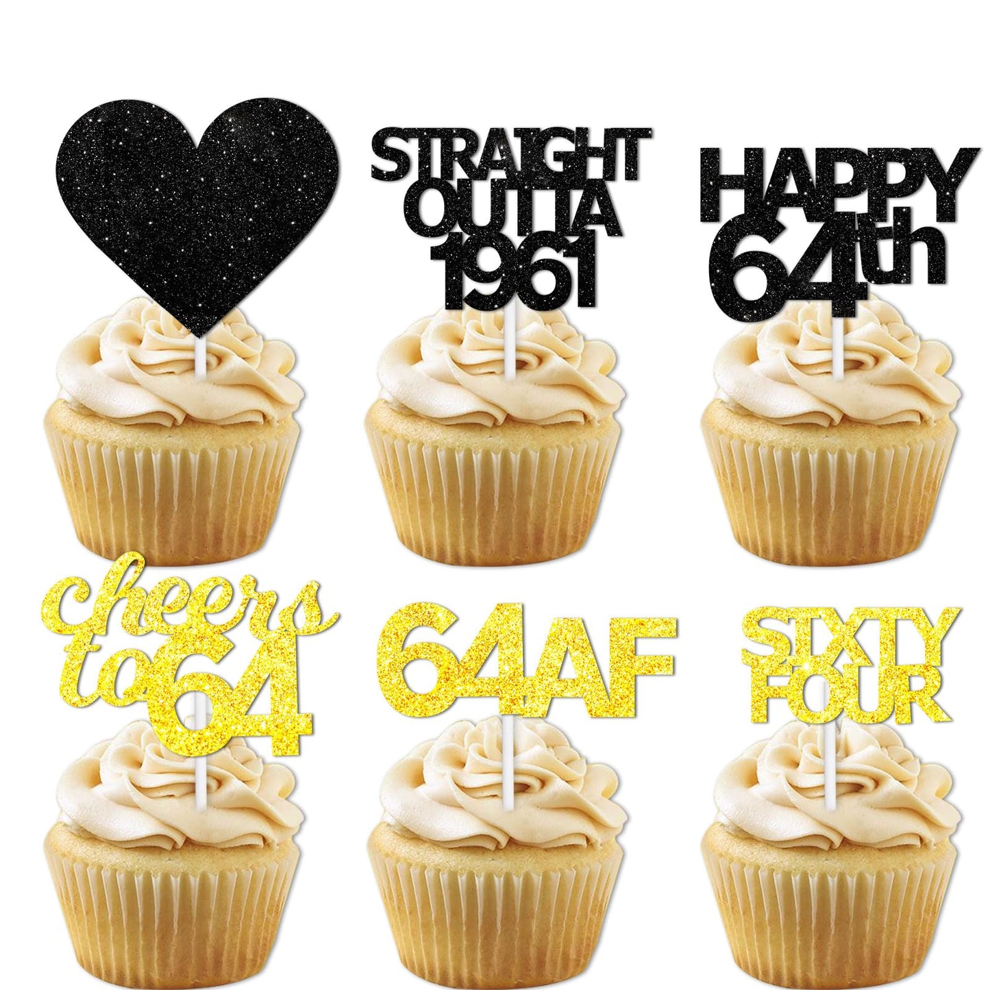 18pcs Black Gold Glitter Dessert Cupcake Pick for Straight Outta 1961 Cheer to 64 Years Old Theme Decor Supplies Happy 64th Birt