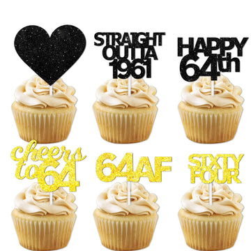18pcs Black Gold Glitter Dessert Cupcake Pick for Straight Outta 1961 Cheer to 64 Years Old Theme Decor Supplies Happy 64th Birt