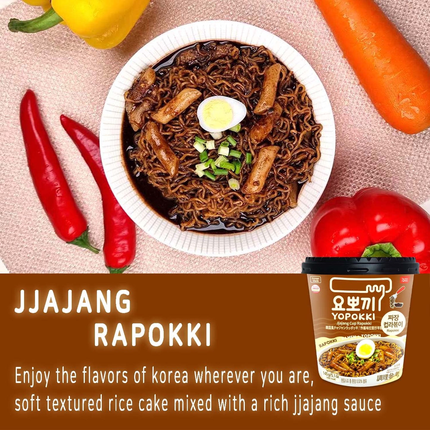 Yopokki Instant Rabokki Cup (Jjajang, 2 Cups) Korean Street food with Jjajang flavored sauce Ramen Noodle Topokki Rice Cake - Qu