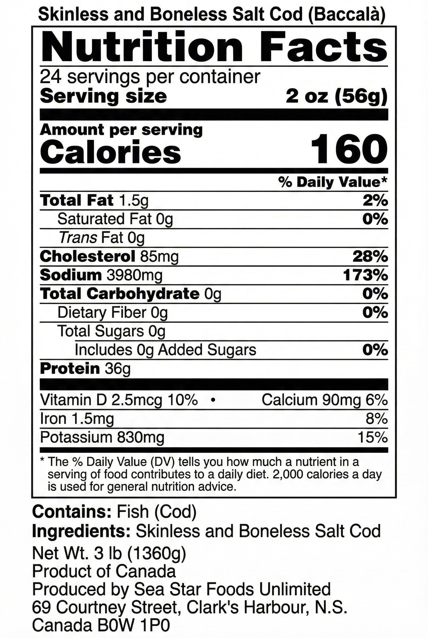 Baccala Prime Cod Fillets - (Portuguese Cured) Wild Caught - North Atlantic 3 Lbs