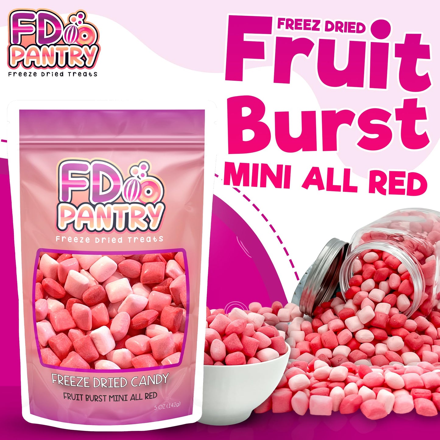 Freeze Dried Fruit Bursts Candy - Mini All Reds L Hard Candy Mix 5Oz Treat Snack Gift Bag Strawberry, Fruit Punch, Watermelon, C
