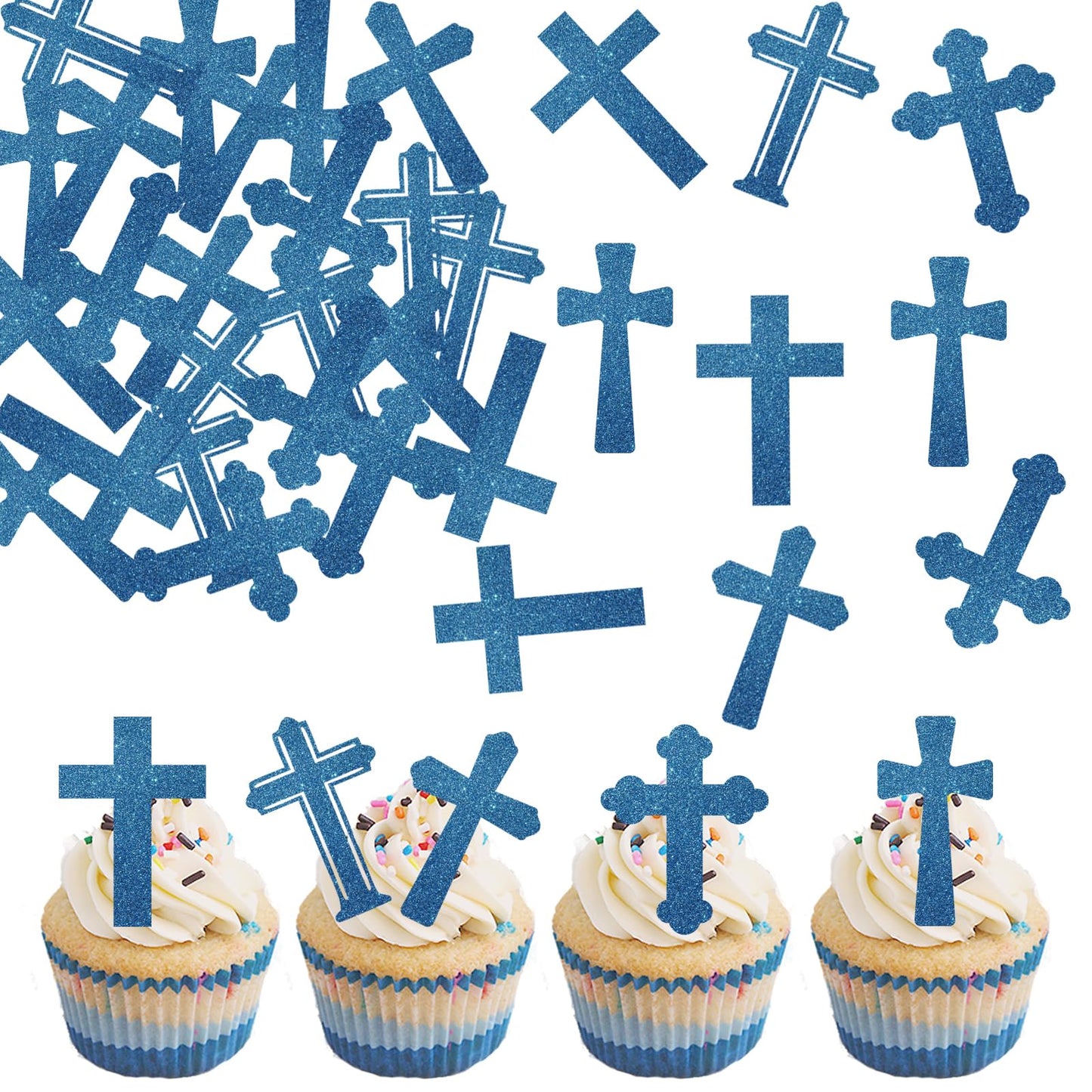 Fyeoxle 36Pcs Edible Cross Cupcake Toppers Cross God Bless Cupcake Toppers Wafer Paper Christian Baptism Cross Cupcake Picks For Religious Theme Baby Shower Birthday Party Cake Supplies (Blue)