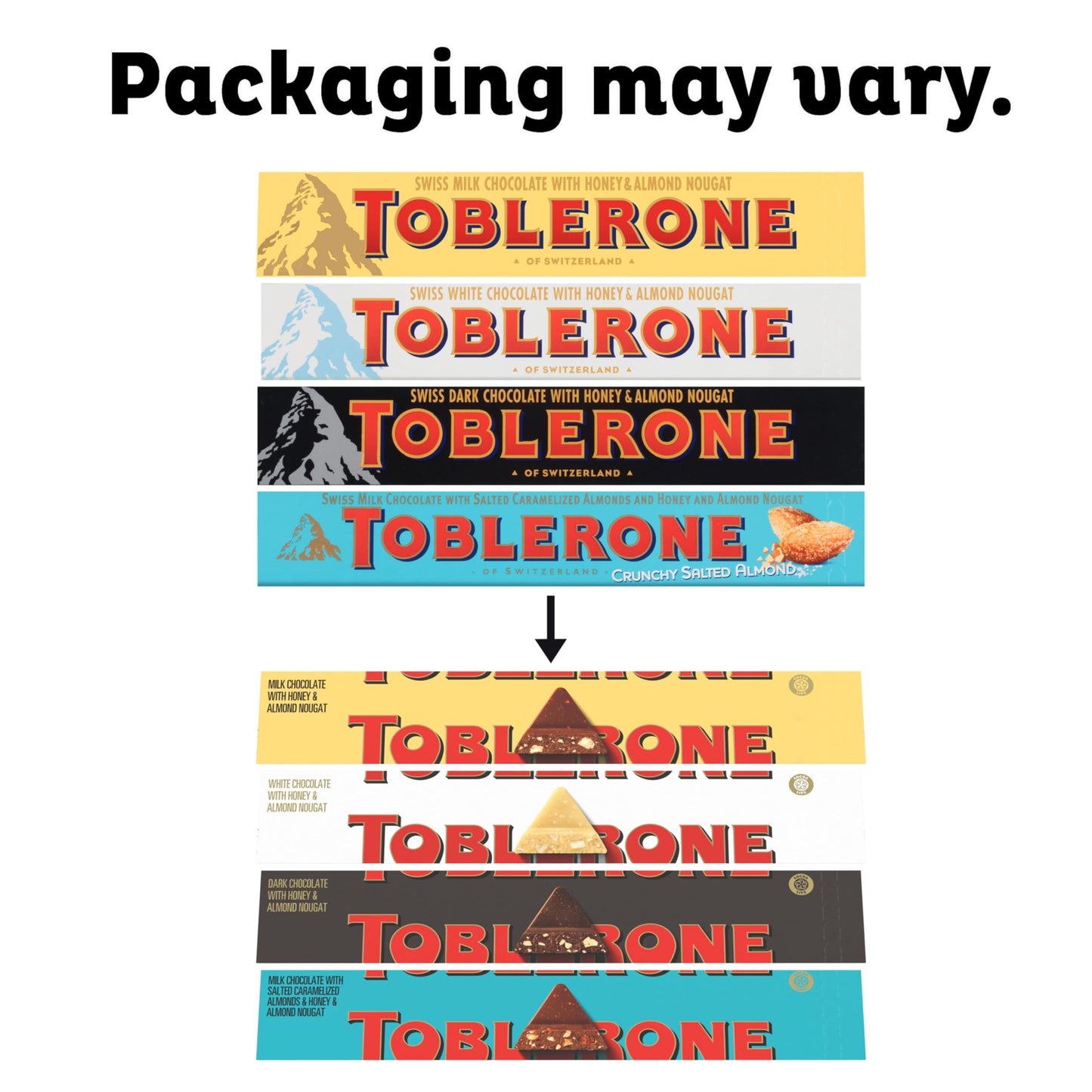 Toblerone Chocolate Variety Pack (Milk Chocolate, Dark Chocolate, White Chocolate, & Milk Chocolate With Salted Caramelized Almonds), Easter Chocolate, 12 - 3.52 Oz Bars