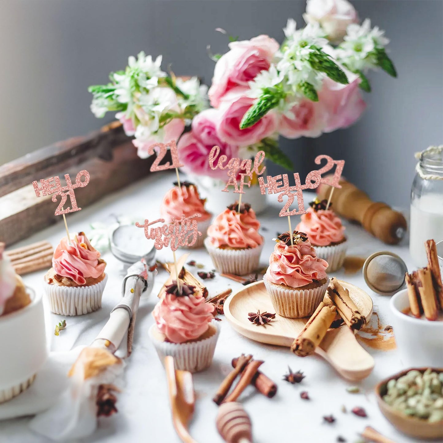 Gyufise 24 Pack 21St Birthday Cupcake Toppers Legal Cake Decorations Rose Gold Hello 21 Twenty One Cupcake Picks For 21St Birthd
