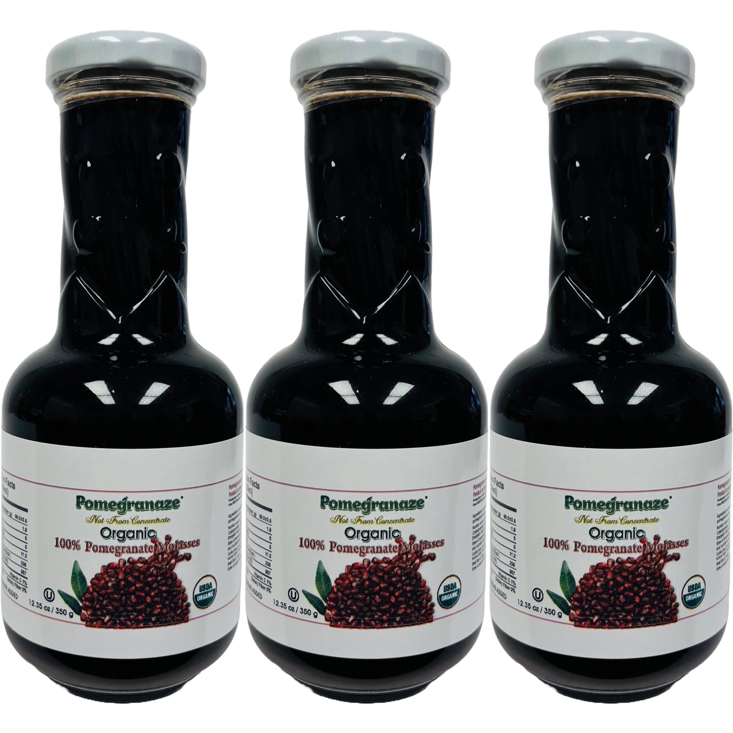 100% Organic Pomegranate Molasses 12.35 Oz Glass Bottle,(3 Pack) No Sugar Added, Vegan, NON GMO, Gluten Free and Kosher