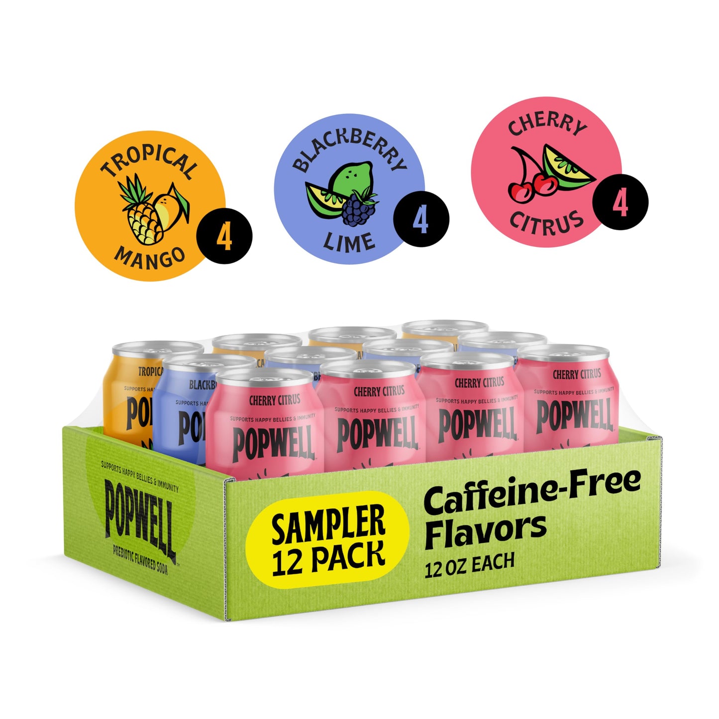 Popwell Prebiotic Soda Variety Pack, 12 Fl Oz (Pack of 12), 6g Fiber, 1g Sugar, Immunity Support, Blackberry Lime, Cherry Citrus, Tropical Mango