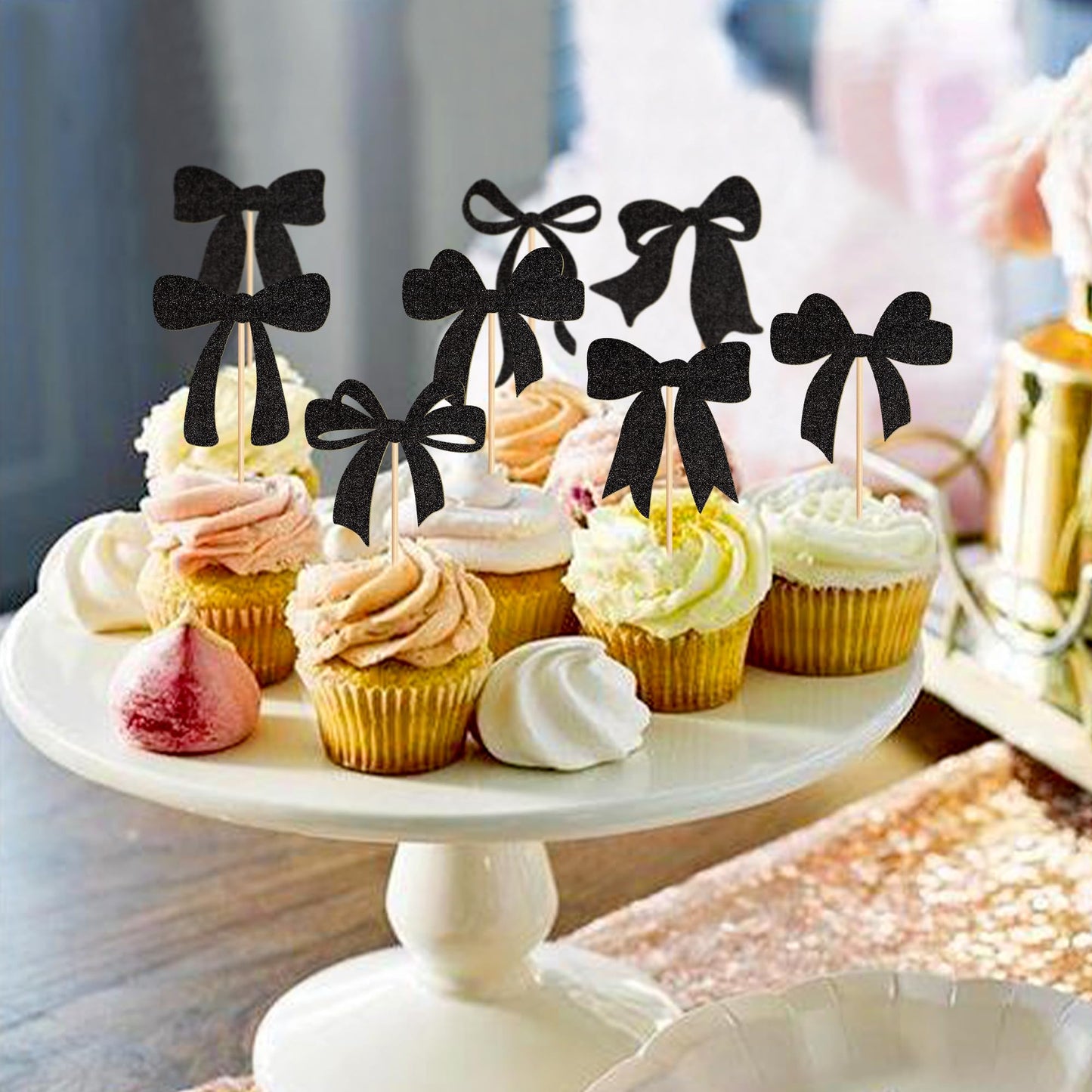 Cyodoos 24Pcs Black Bow Cupcake Toppers Bow Baby Shower Cake Decorations For Birthday Party Wedding Party Decorations