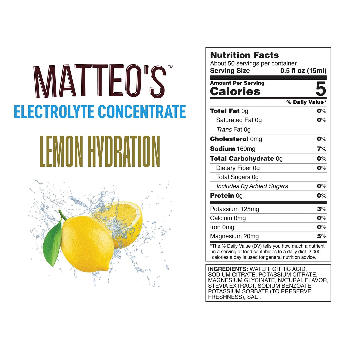Matteos Hydration Concentrate - Sugar-Free Electrolyte Drink, Lemon Flavor, 25.4 Fl Oz, Pack of 6