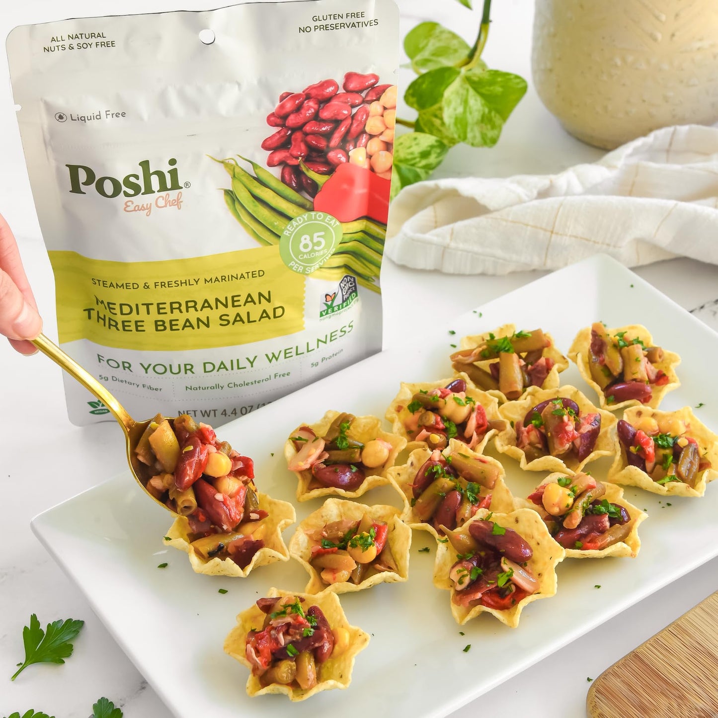 Poshi Mediterranean Three Bean Salad | All Natural, Keto, Vegan, Paleo, Non Gmo, Low Carb + Calorie, Gluten Free, Rady To Eat, F