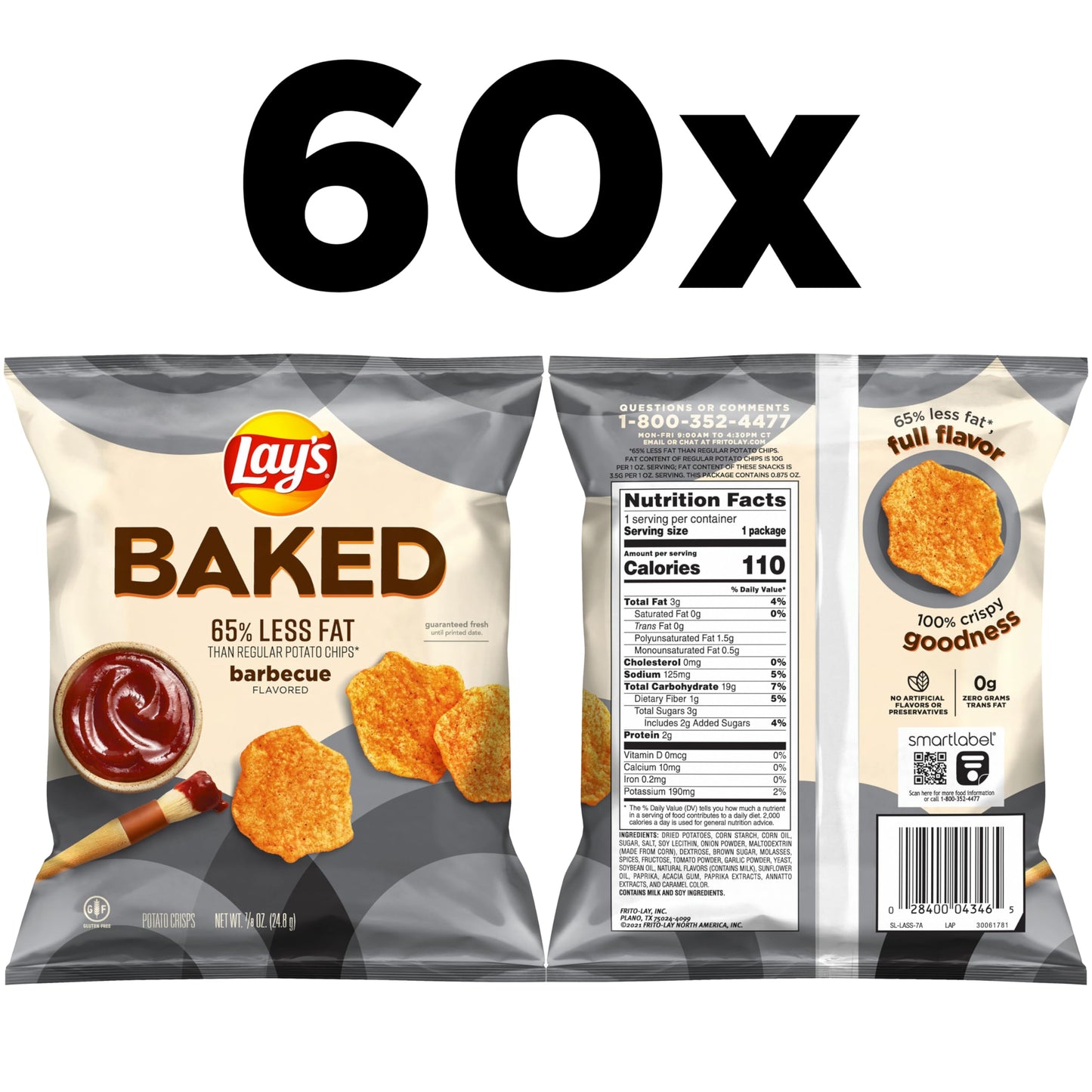 Frito Lay Baked Lay’s Potato Chips, Barbecue, 0.875 oz Bags, 60 Pack, Gluten Free, 50% Less Fat