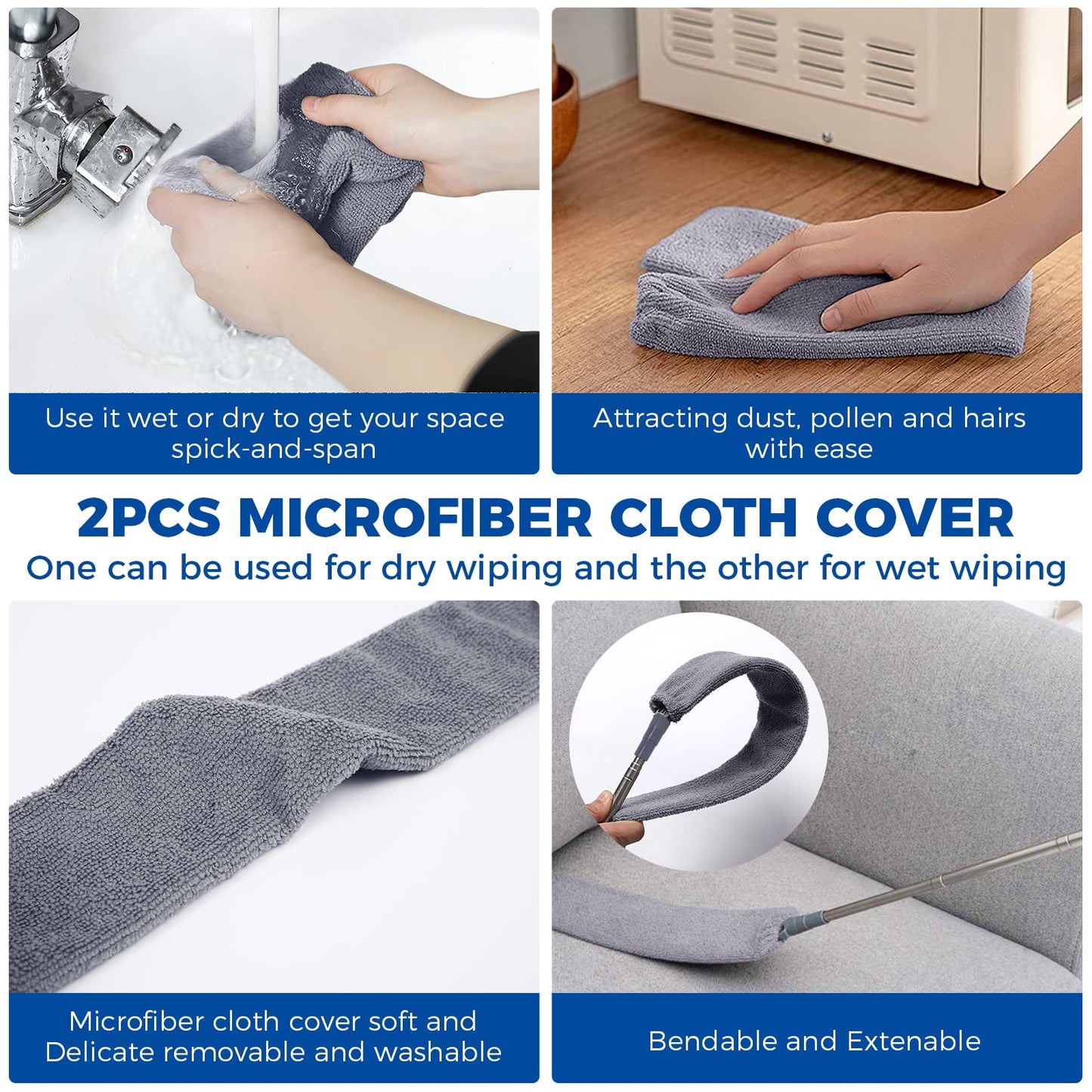 Retractable Gap Dust Cleaner Cleaning Tools With 2 Microfiber Dusting Cloths Long Handle 60Inches Washable And Retractable Duste