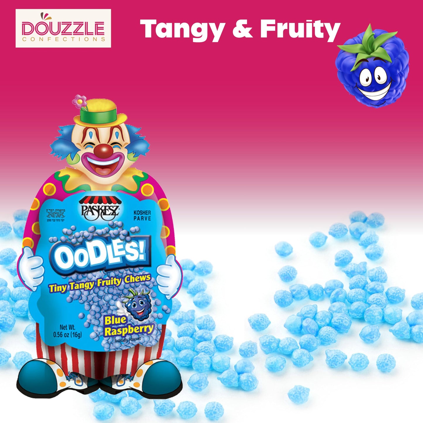 Douzzle Oodles Clown Shaped, Blue Raspberry Tiny Tangy Chews (12 Count, Pack Of 1) Individually Wrapped Candies, Birthday Party