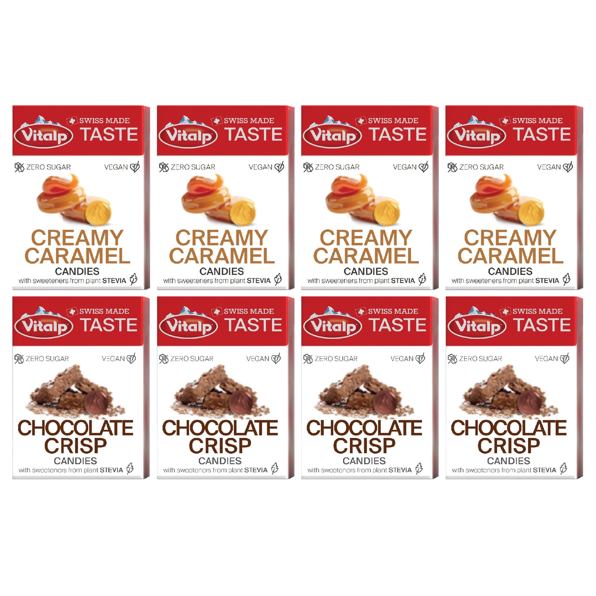 Vitalp Taste  Swiss Made  Sugar Free Hard Candy With Stevia  Vegan  Variety Pack  4 Boxes Each Of Creamy Caramel And Chocolate Crisp Flavors  25G/0.88 Ounce Packs  8 Boxes Total