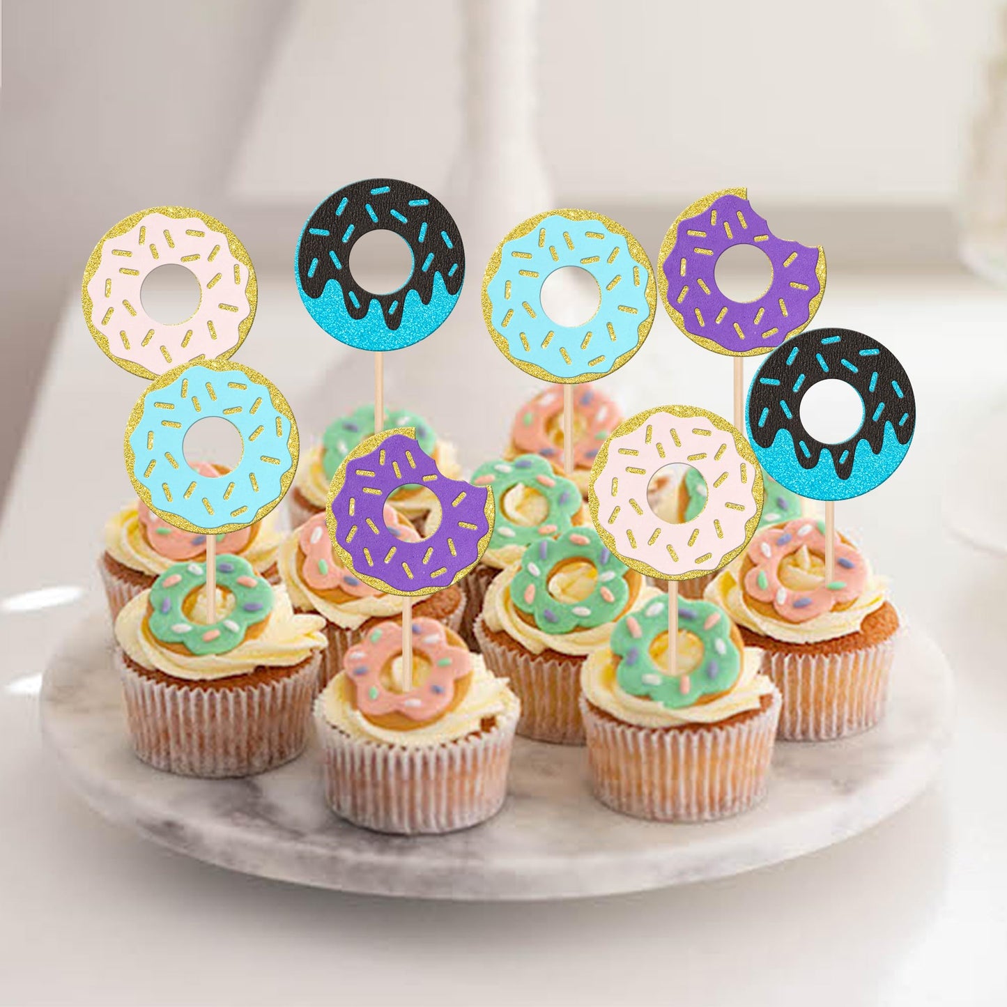 24 Pcs Donut Cupcake Toppers Glitter Sweet Donut Cupcake Picks Donut Theme Birthday Party Decorations For Celebrating Baby Showe