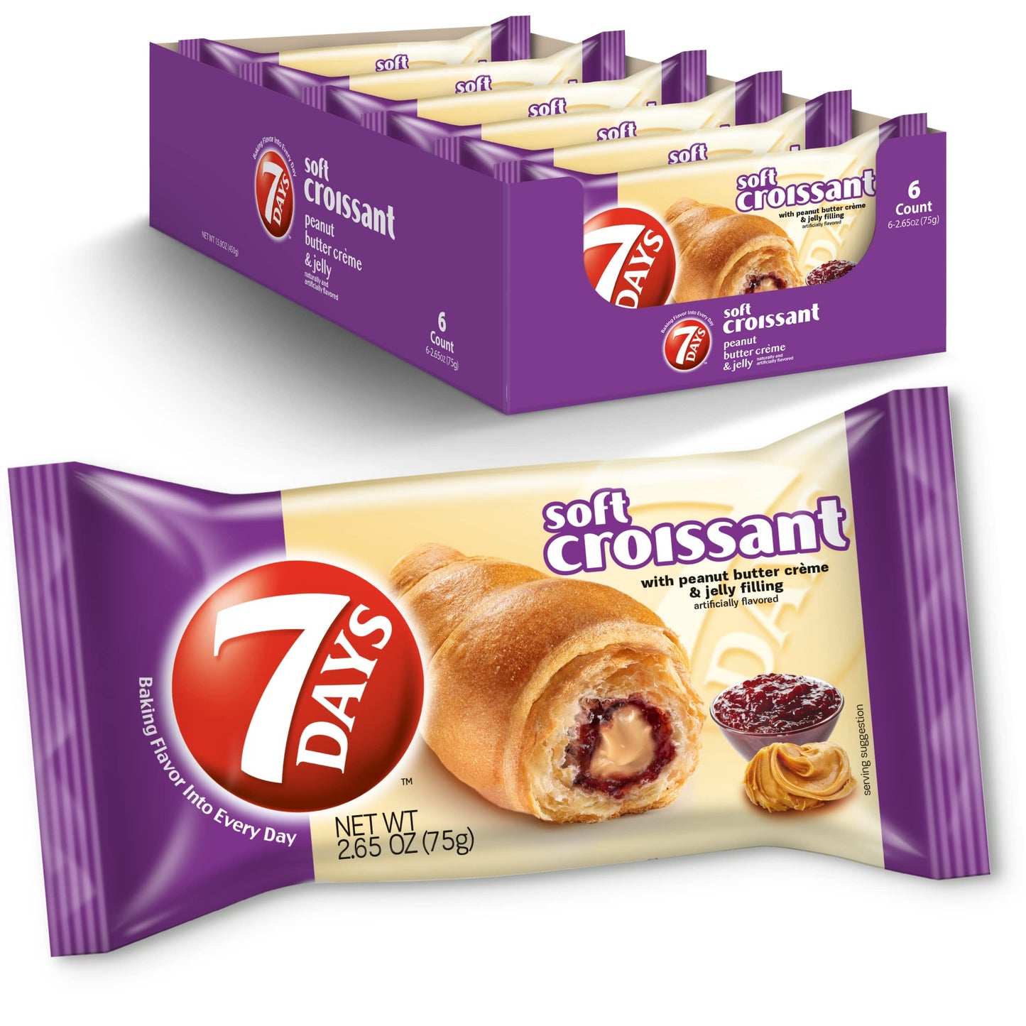 7Days Soft Croissant, Peanut Butter Jelly Filling, On The Go PB&J Lunch, Non-GMO (Pack of 6)
