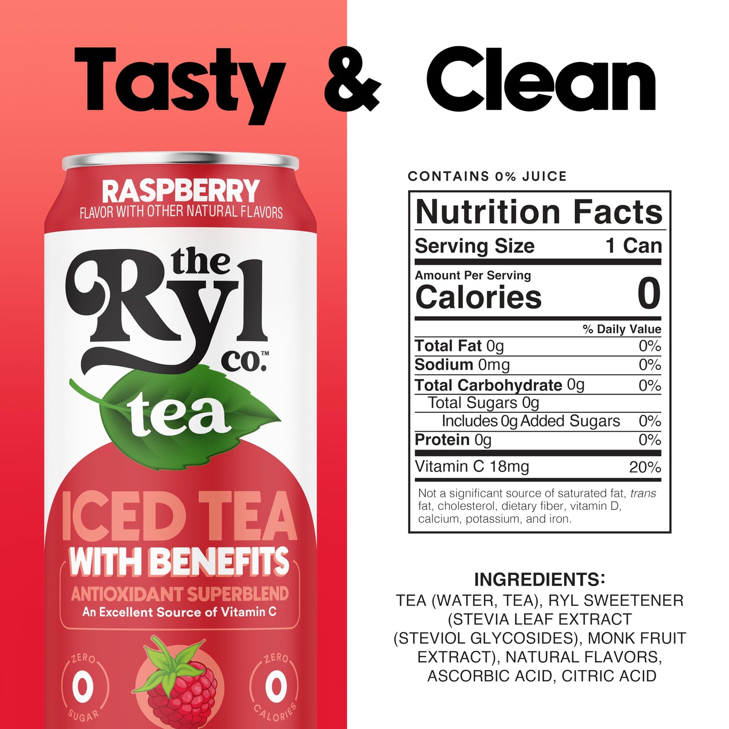 Ryl Iced Tea, Raspberry, Antioxidant Superblend, Zero Sugar, Low Carb, Zero Calorie Iced Tea, 16.0 Fl Oz (12-Pack)