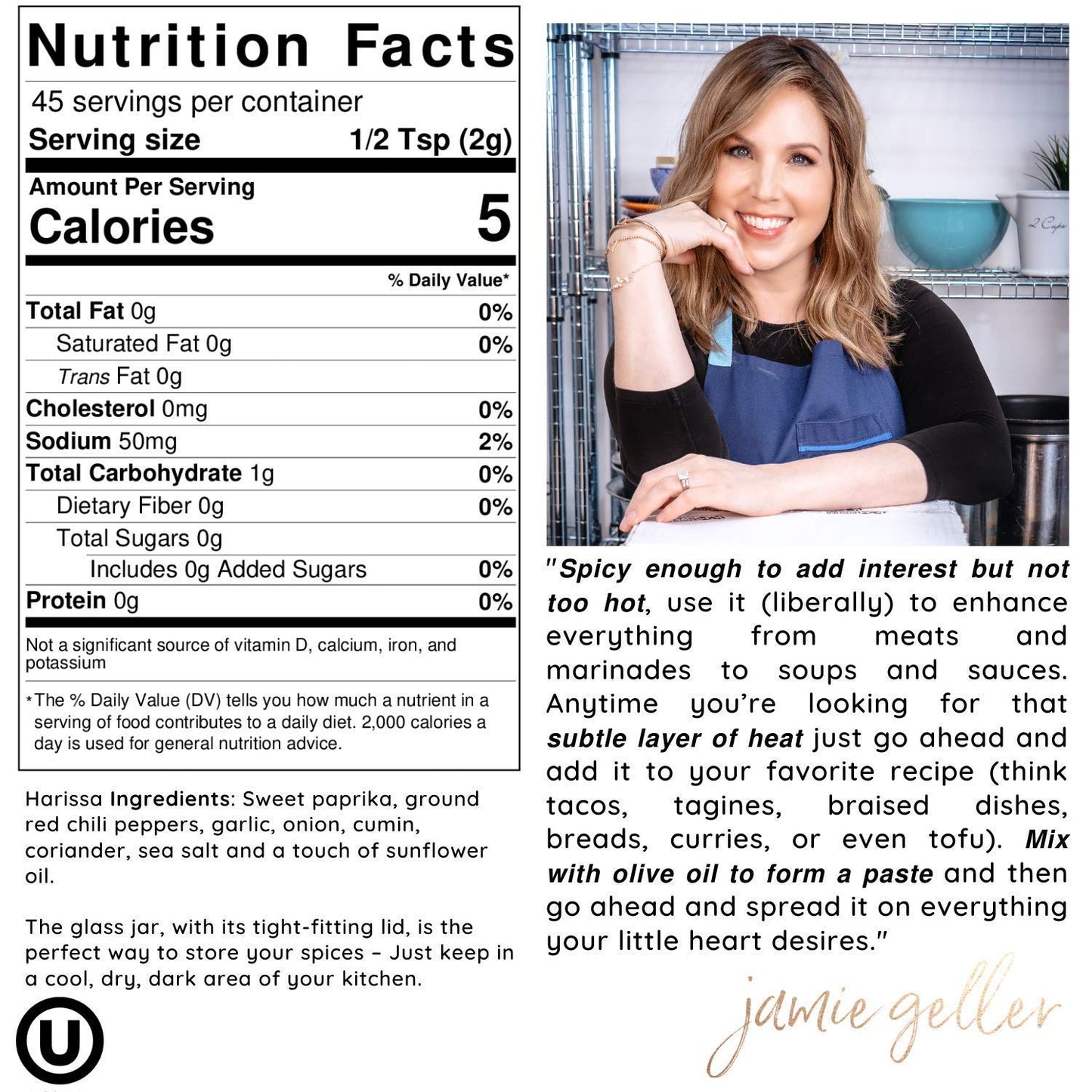 Jamie Geller Harissa Spice Seasoning, Mild Spicy Mix, 3.2 oz Glass Jar, OU Kosher, Perfect for Meat Rubs and Soups