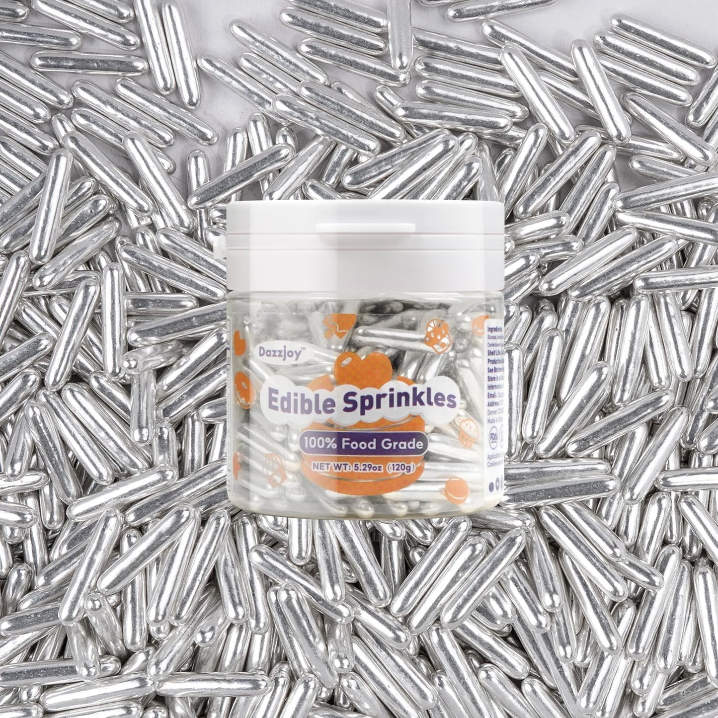 Dazzjoy Silver Rods Sprinkles, Edible Sugar Sprinkles, 120G/4.23Oz, Cupcake Toppers, Cake Decorations, Ice Cream, Wedding Party