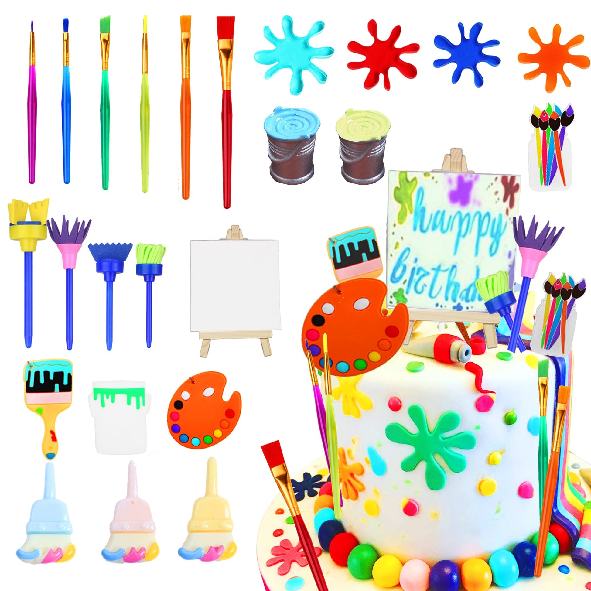 Gallarato Art Paint Cake Topper Painting Cake Decoration 24 Pcs Include Paint Pen Brush Painting Bucket Palette Birthday Baby Sh