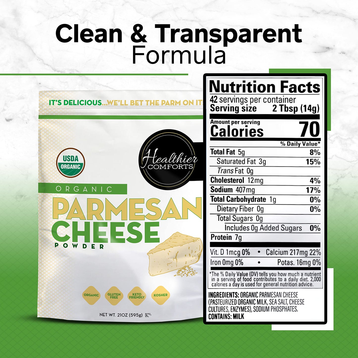 Healthier Comforts Organic Parmesan Cheese Powder, Kosher, Non-Gmo, Chemical Free, Gluten Free, Keto Friendly, From Cows Raised