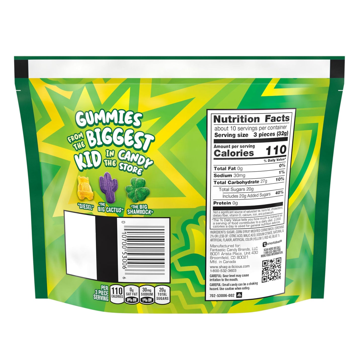 Shaq-A-Licious Xl Gummies Sour Chewy, Candy Bag, 11.8 Oz