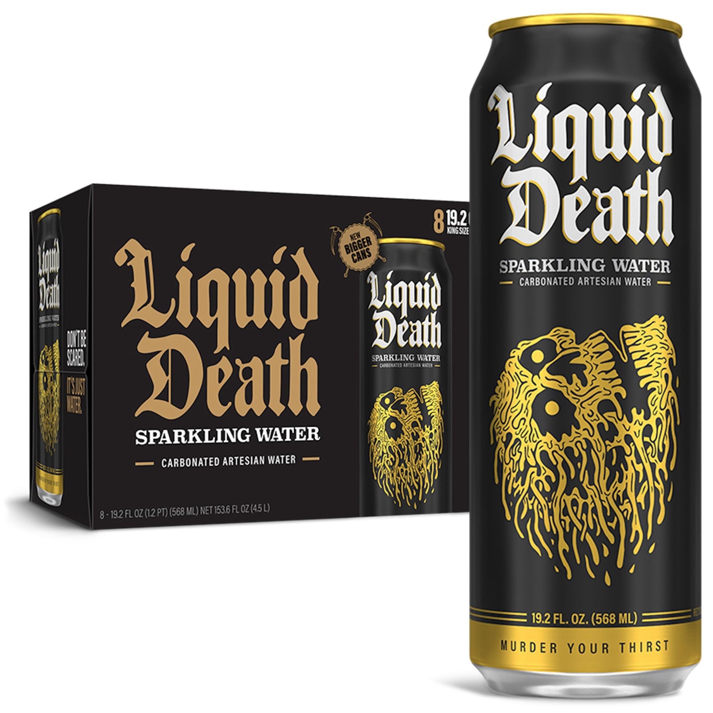 Liquid Death Sparkling Mountain Water, 19.2oz Cans, 8-Pack, Infinitely Recyclable, American Made