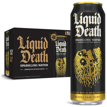 Liquid Death Sparkling Mountain Water, 19.2oz Cans, 8-Pack, Infinitely Recyclable, American Made