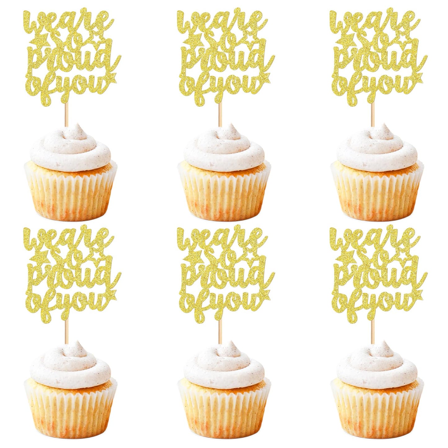 Keaziu 24 Pack Graduation Cupcake Toppers, Proud Gold Paper Picks for 2025 Graduation Theme Party Decorations