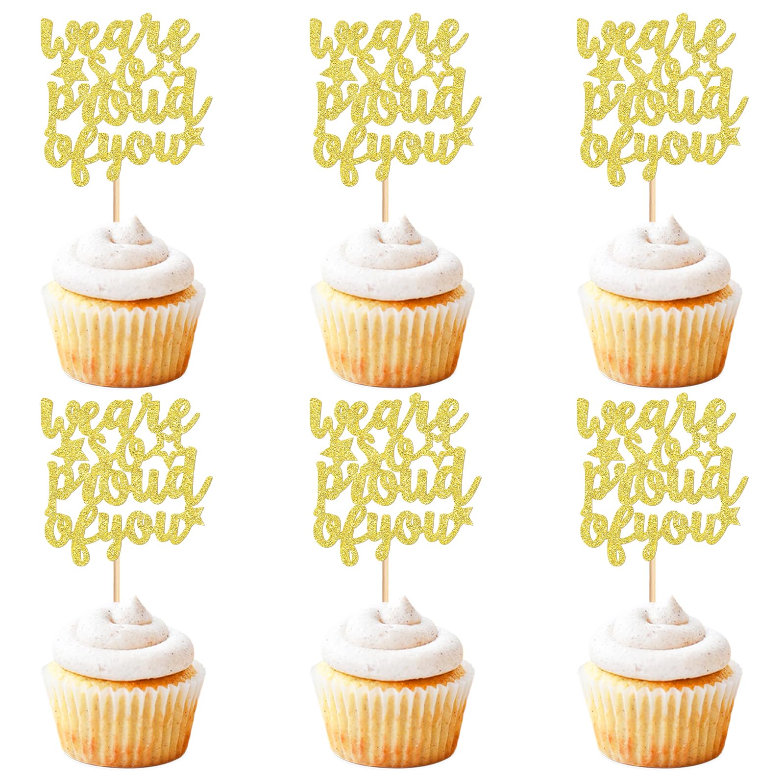 Keaziu 24 Pack Graduation Cupcake Toppers, Proud Gold Paper Picks for 2025 Graduation Theme Party Decorations