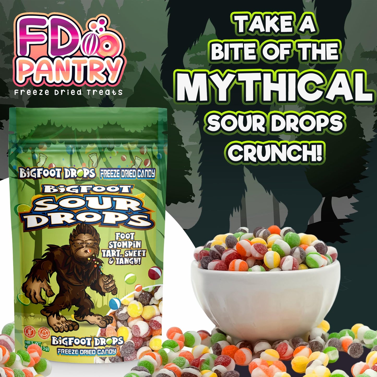 Bigfoot Sour Drops, Freeze Dried Candy, 4 Oz, Assorted Strawberry, Orange, Lemon, Grape, Lime Flavors, Bag Pouch, Ideal Gift Snack